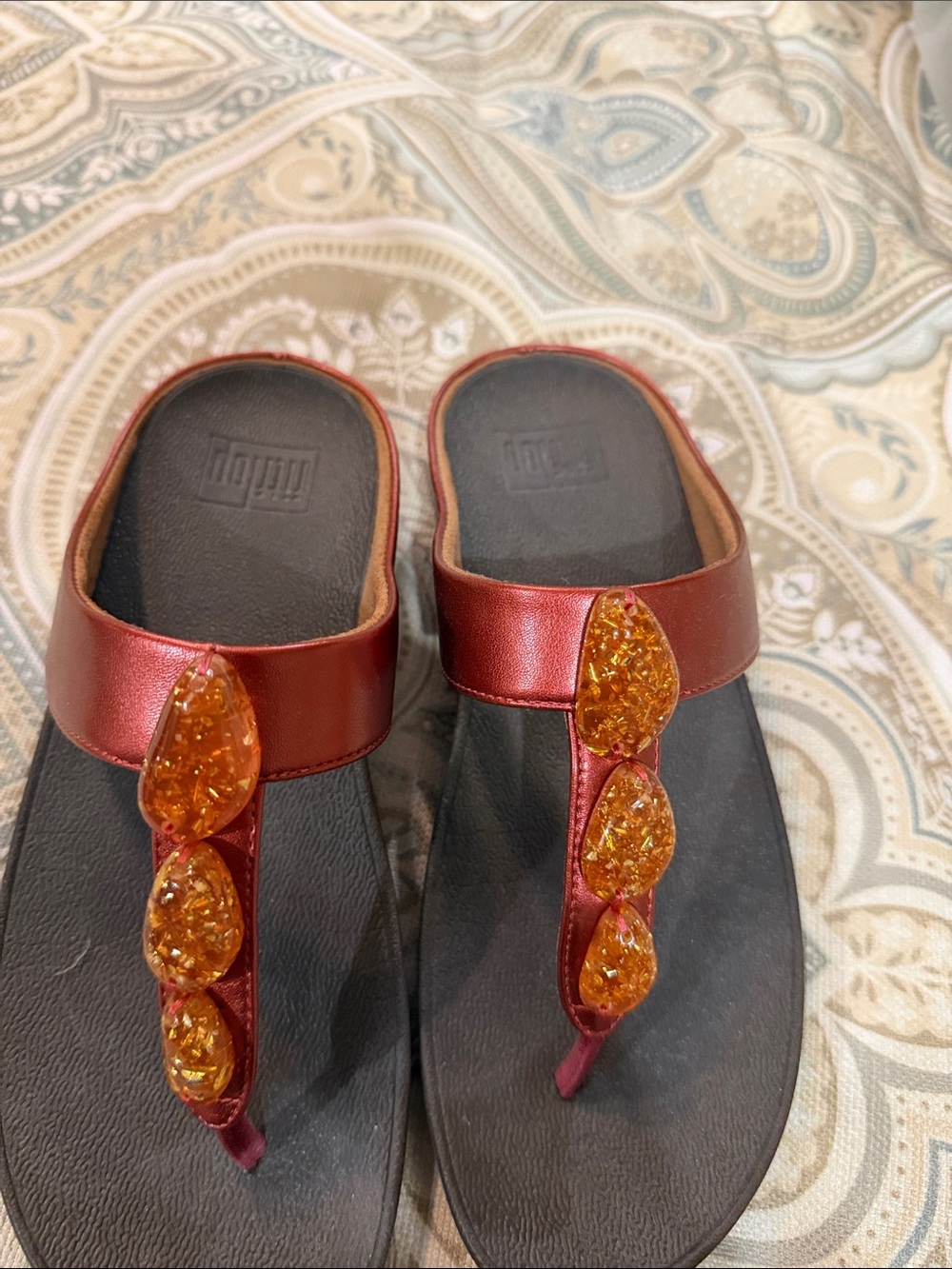 Fitflop Metallic Red Thong Sandals with Amber Gems